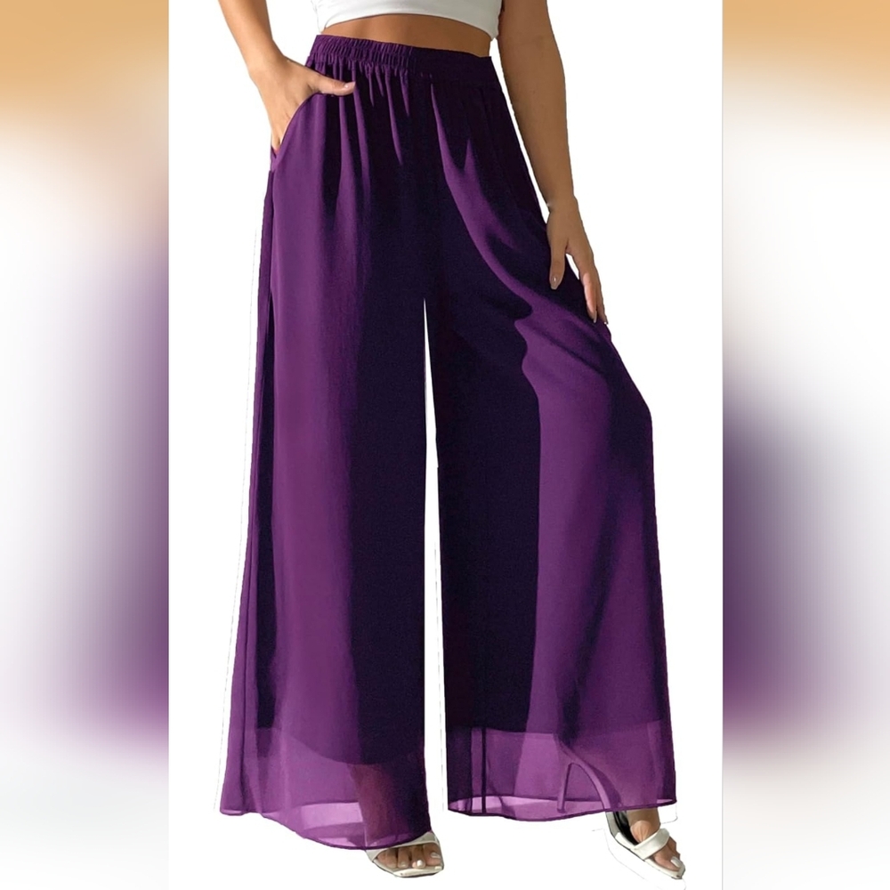 Heipeiwa Purple Chiffon Dress Beach Wide-Leg Palazzo Elastic Waist Trouser
